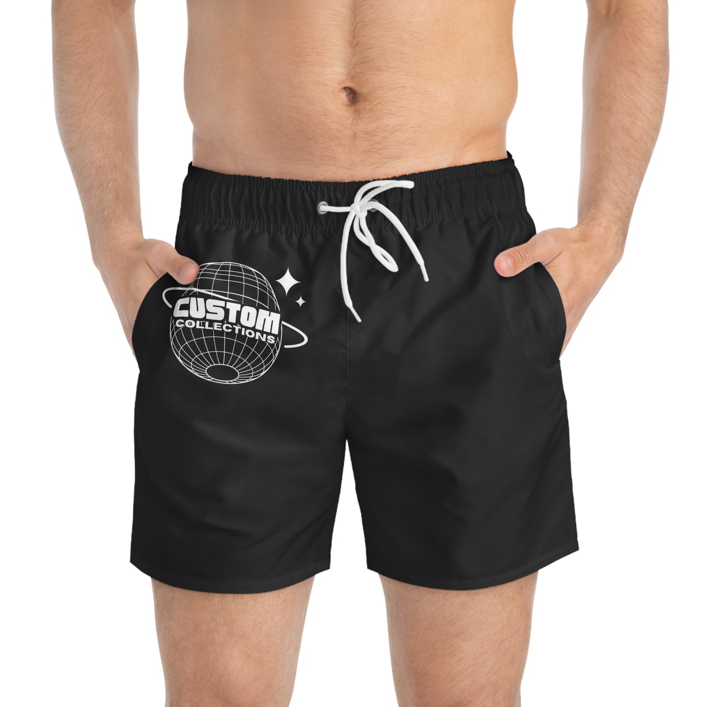 CustomCollections Black Swim Trunks with Globe Design